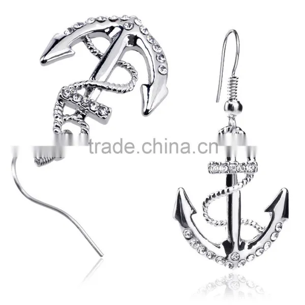 Long Earings 18k White Gold Plated Silver Color Austrian Crystal Rhinestone Dangle Anchor Earring photo-5