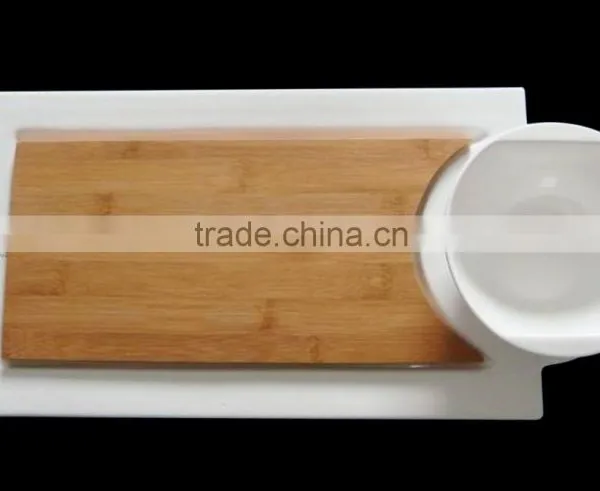 HM0019-8501,5306 Durable Porcelain Plate and Bowl Set With Wood Tray
