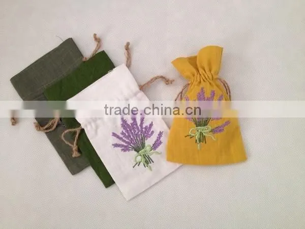 Cotton Linen Embroidery Lavender Drawstring Bags With Silk Ribbon photo-3