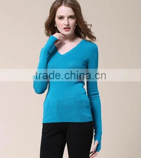 OEM Ladies Fashion Long Sleeve V-neck Solid Woolen Woman Pullover Sweater