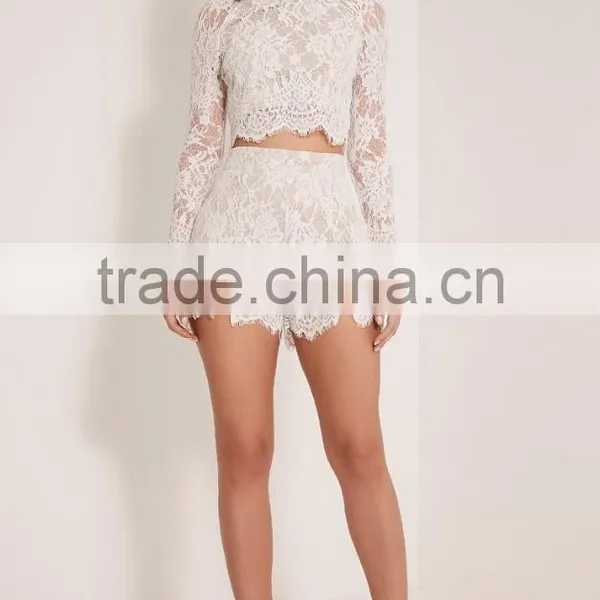 Crochect White Lae Designs Long Sleeve Two Piece Sets Lace Crop Top and Short Pants Designs photo-3