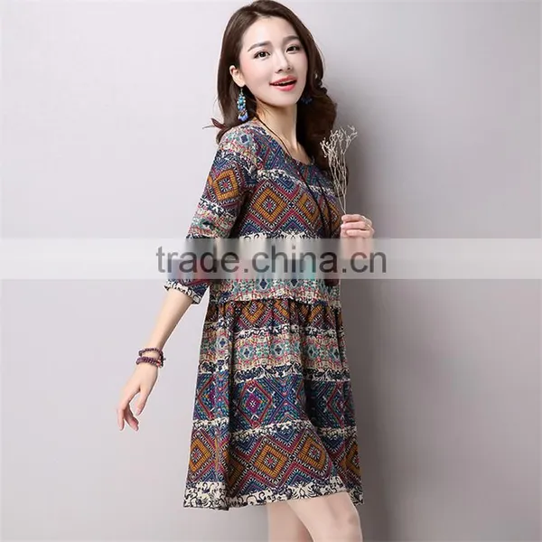 2017 New Design Large Size Fashion Ladies Retro National Wind Style Ladies Dress Cotton Printed Dress photo-2