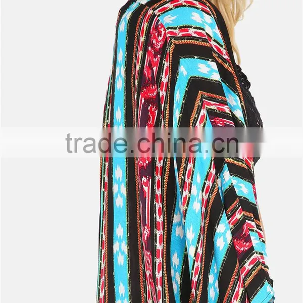 Custom Design Colorful Tribal Striped Dolman Kimono With Curved Hem Caplet Style Ladies Beachwear photo-5