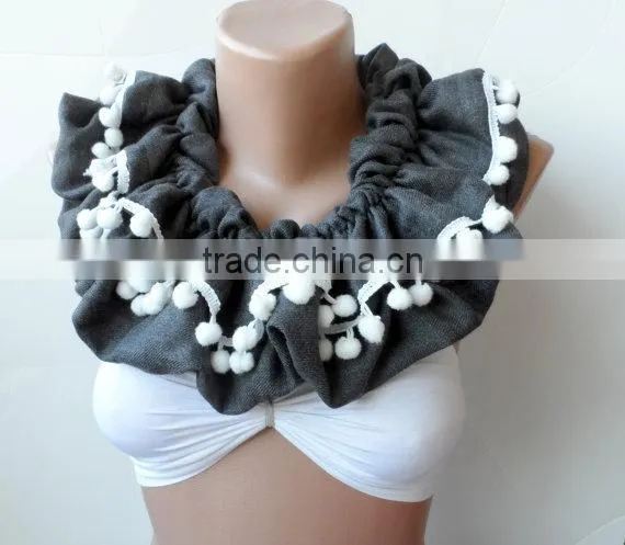 Scarf,Gray Loop Scarf, Ruffle Scarf, Gray Infinity Scarf, Circle, Gray Pashmina,Christmas Scarfs, Pompom Scarf, Fashion,cowl Sca photo-4