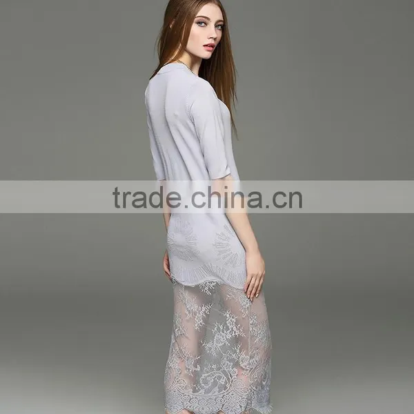 2017 Hot New Lady Hollow Knit Dress Half Sleeve Slim Hip Long Lace Dress With Lace Hem photo-3