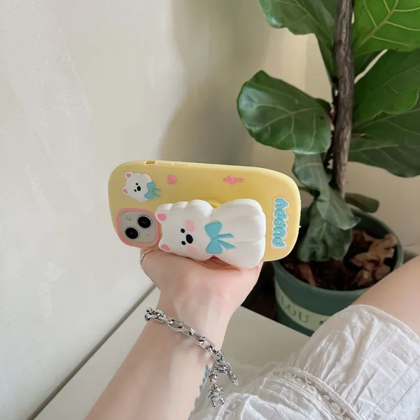 Cartoon Cute Puppy Retractable Bracket Silicone Shockproof Protective Phone Cover Case For IPhone 11 12 13 14 15 Pro Max photo-5
