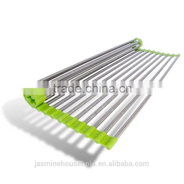 High Quality Over the Sink Multipurpose Roll Up Stainless Steel Silicone Dish Drying Rack photo-5