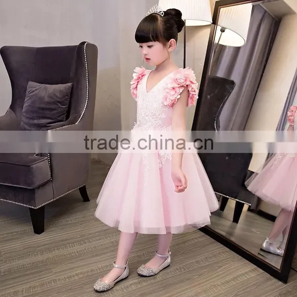 New Baby Frock Design 2017 Sleeveless Pink and Gray Embroidery Flower V Collar Vietnam Party Dresses Chiffion Wedding Dresses photo-4