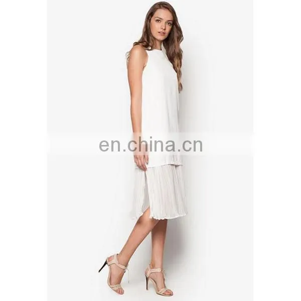 Fashion Ladies Clothes Latest Design Pleat Hem Sleeveless White Women Dress photo-3
