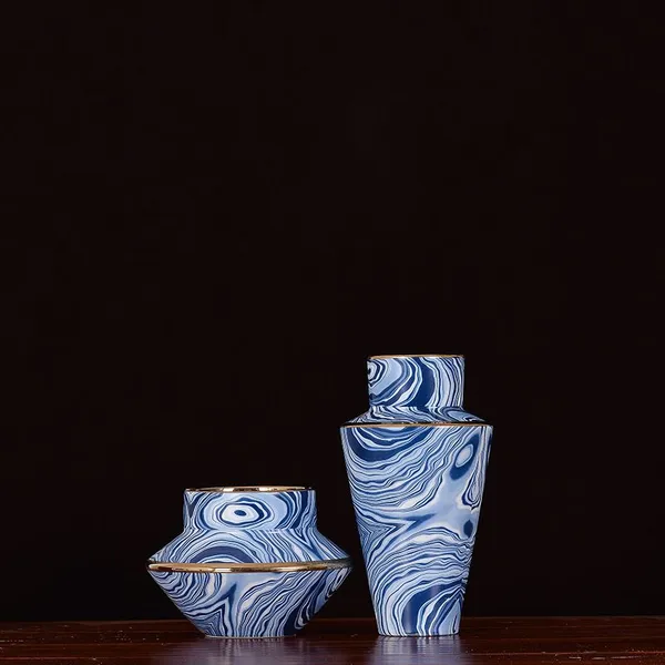 Electroplate Chinese Modern Simple Blue White Stripe Ceramic Vase Art For Living Room photo-2