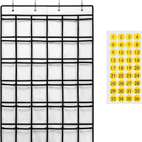 36 Clear Pockets Classroom Pocket Chart for Cell Phones,Pocket Chart Organizer for Calculator Holder With 36 Number Sticker Classroom Hanging Cell Phones Organizer