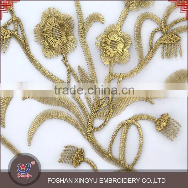East Fashion Organza Water Soluble Lace Embroidery Fabric on Chiffon With Gold Thread for Dress photo-2