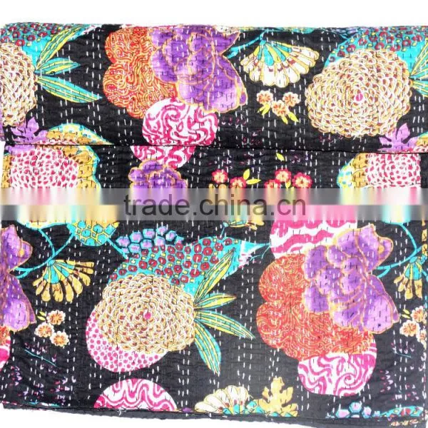 Black Tropicana Floral Kantha Quilt Bedspread Kantha Bedcover