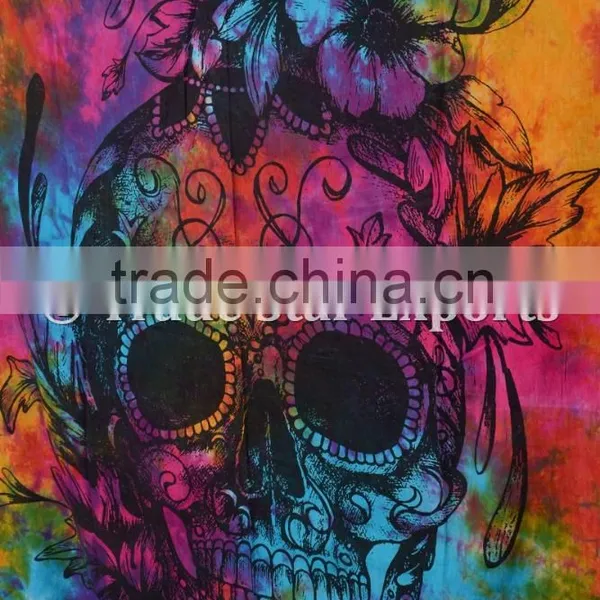 Hippie Twin Skull Tie & Dye Wall Art Boho Cotton Wall Hanging Home Decor Tapestry photo-4