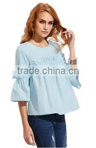 Women's Bell Sleeve Ruffle Trim Round Neck Pleated Blouse