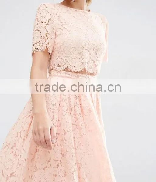 Pink Lace Crop Top and Puff Skirt Wedding Dress Girl's Short Sleeve Prom Two Piece Set photo-5