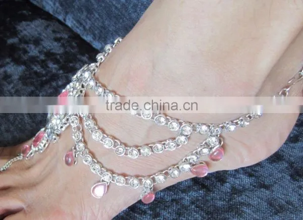 Silver Tone Pink Crystal Pearl Anklets Toe Ring Barefoot Sandal PAYAL photo-3