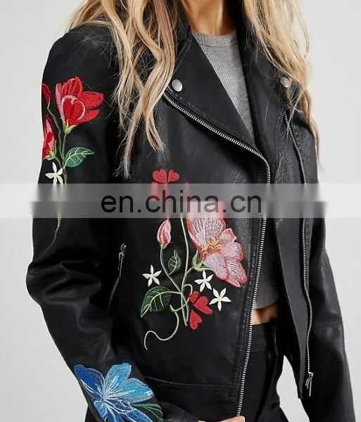2017 Fashion Factory Price Ladies Embroider Jacket Women Clothing Pu/polyester Leather Jacket photo-4