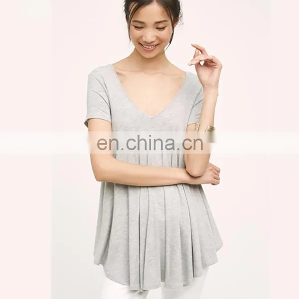 High Quality Dry Fit Gray Rayon Spandex Swing Style V Neck Women t Shirt