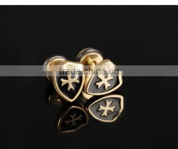 Men's Titanium Steel Stud Earrings Golden Shield Cross Mini Earrings Punk Style Design photo-2