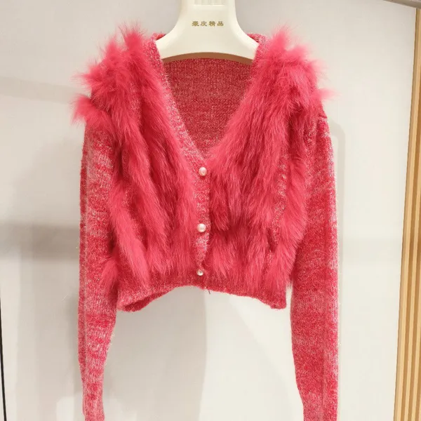 Winter New Fox Fur Grass Women's Versatile Short Cardigan Jacket Sweater Knitted Sweater Furry Autumn Outfit
