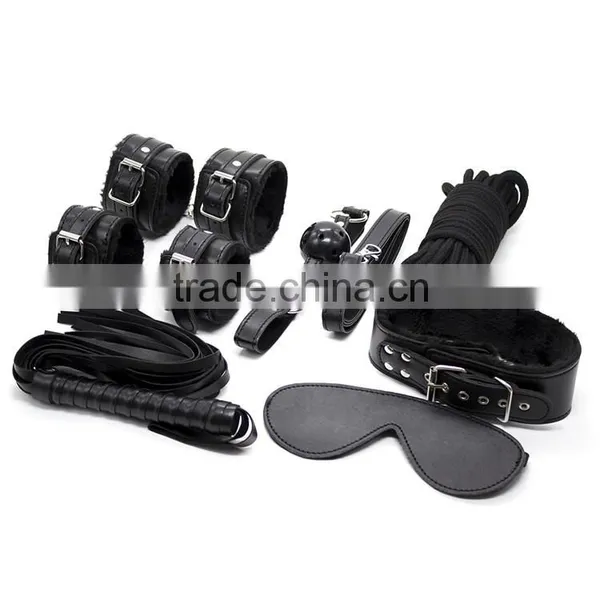 2016 Top Selling Fetish Leather Male Bondage Flirt 7 Sets in 1 Handcuffs Legcuffs Gag Eye Patch Whip Rope Collar Adult Games Toy photo-2