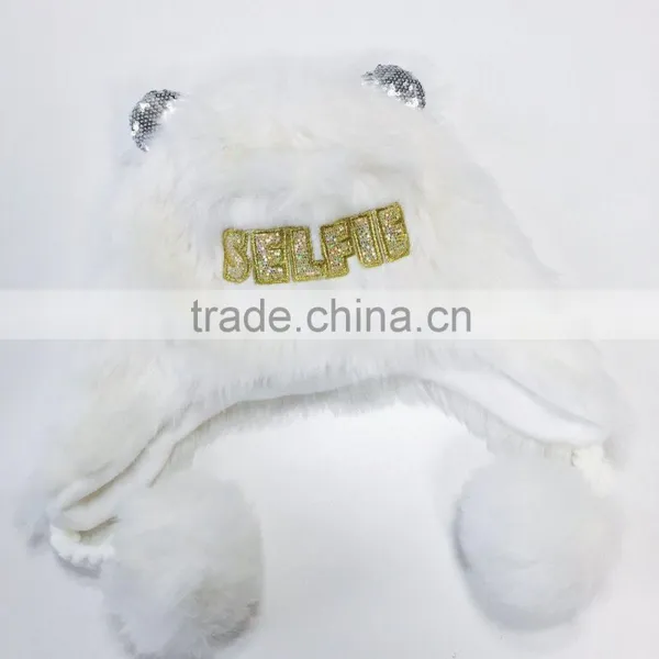 Fashion Slogan Designer Hat Custom Hat Faux Fur Bling Bling Sequin Embroidered Hat