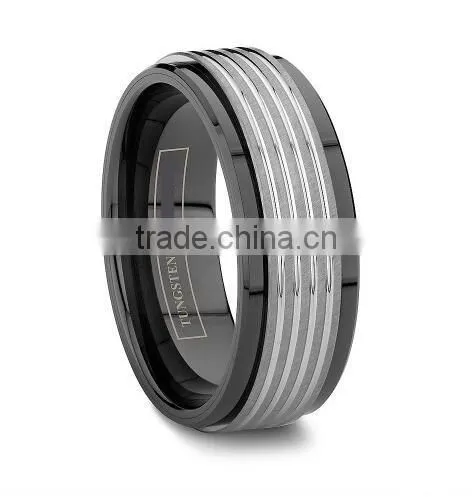 8mm Black Ceramic Wedding Band With Tungsten Grooved, New Ceramic And Tungsten Ring