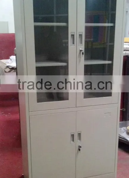 Steel Book Cabinet With Glass Doors and Wood Surface Display Cupboard photo-2