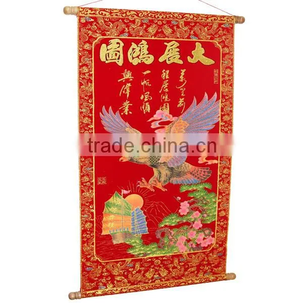 Lunar Year Red Wall Scroll With Shinning Luminous Velvet Calligraphy Figure photo-2