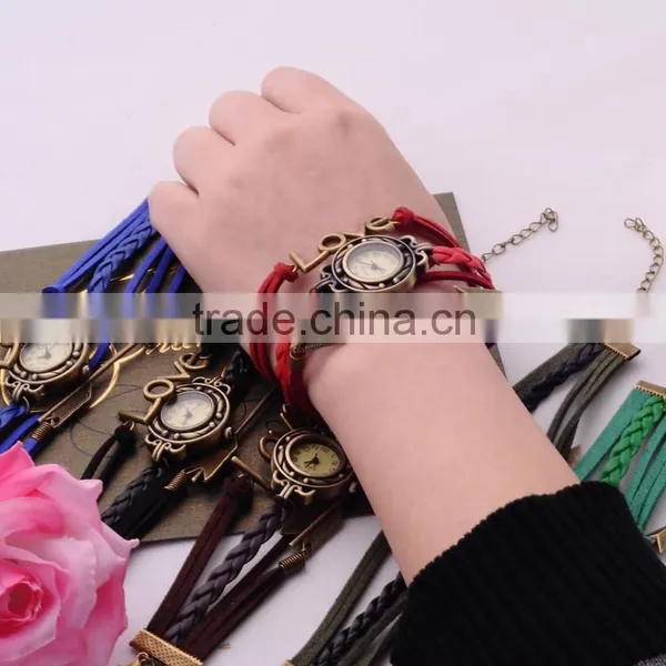<<<2016 Vintage Excellent Clasps Woven Quartz Bangle Wrap For Unisex Love Gift Fashion Adjustable Leather Bracelets Watch / photo-4