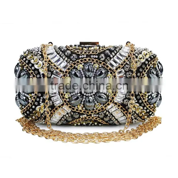 Fashion Classic Design Embroidery Flowers Party Black Diamond Clutch Evening Bag Shoulder Bag Handbag Ladies Purse(C024) photo-3