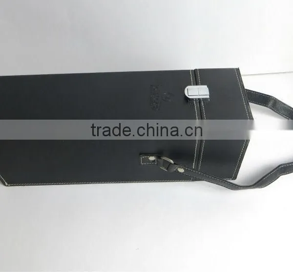 Customized Wooden PU Leather Black Wine Box With Handle Packaging Wholesale photo-2