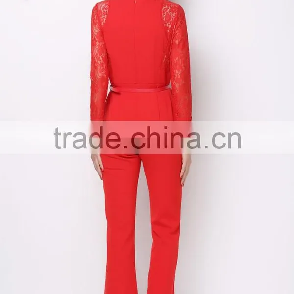 Round Neck Patch Embroidered Lace Long Sleeve High Empire Bell-bottoms Women Jumpsuit photo-6