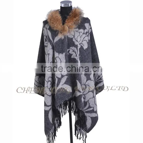 CX-B-P-44F Ladies Latest Design Genuine Raccoon Fur Collar Wool Cashmere Fringed Pashmina Shawl photo-2