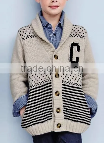 High Quality Boy's Jacquard Chunky Knit Warm Cardigan With Elegant Shawl Collar Off-white Sweater (BKNB01) photo-3