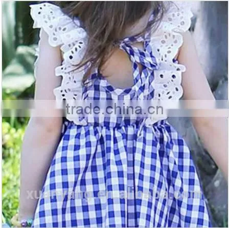 New Arrival Children Clothes Lace Trim Bule Plaid Kids Clothing Wholesale 100%cotton Baby Nice Dress photo-5
