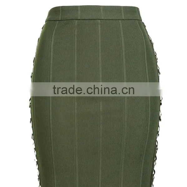 2017 OEM Ladies Fashion Midi Tube Khaki Skirt With Side Metal Detrails photo-5