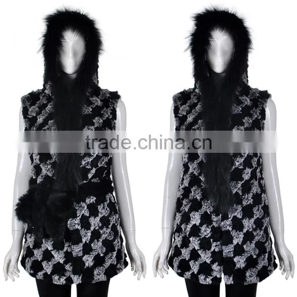 YR262 Real Rabbit Raccoon Fur Hooded Knit Fur Waistcoat photo-3