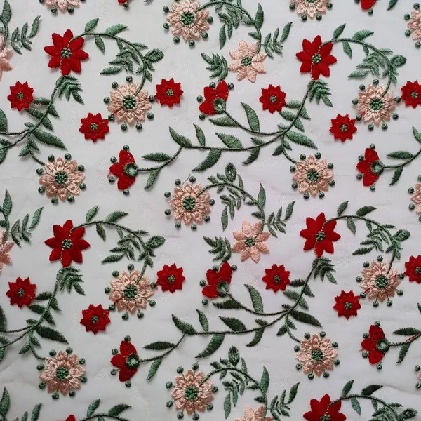 XF6056 Floral Embroidered Fabric Colorful Plants Tulle Embroidery Fabric photo-5