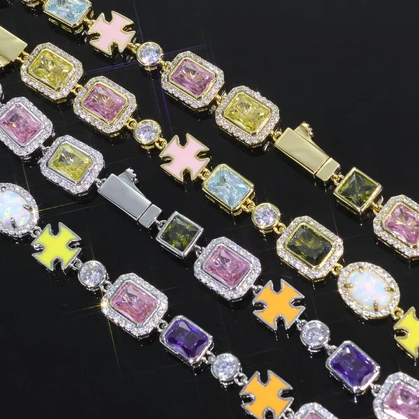 Geometric Colorful CZ Gemstone Chain Bracelet 10mm Silver Gold Multi Color Enamel Motif Hip Hop Unisex Jewelry Gift photo-4