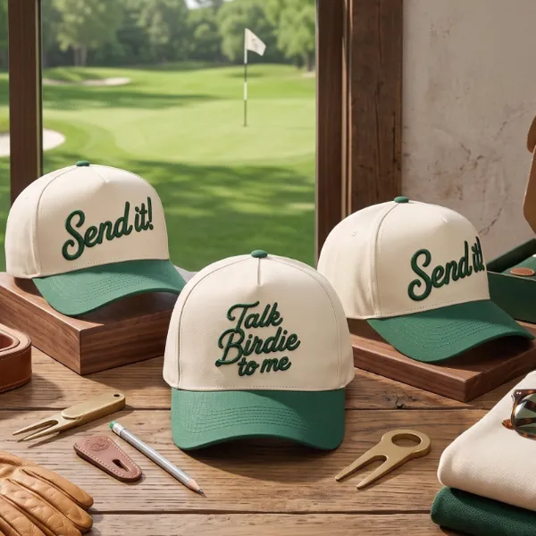 Custom Made Hat OEM Service Golf Club Script 3D Puff Embroidery Contrast Visor 5 Panel Cap