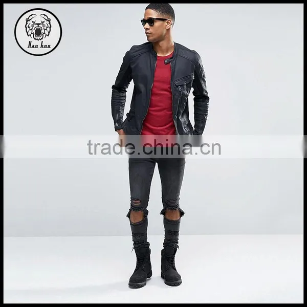 Mens Denim Biker Motorcycle Bomber Slim Fit Black Leather Jacket photo-4