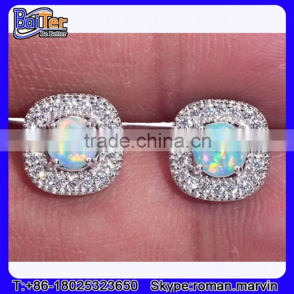 Rhodium Finish .925 Sterling Silver Synethic Blue Fire Opal Stud Earrings Wholesale photo-3