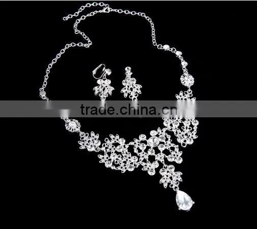 Silver Alloy Rhinestone Earrings Crystal Pendant Necklace Bridal Jewelry Set photo-2