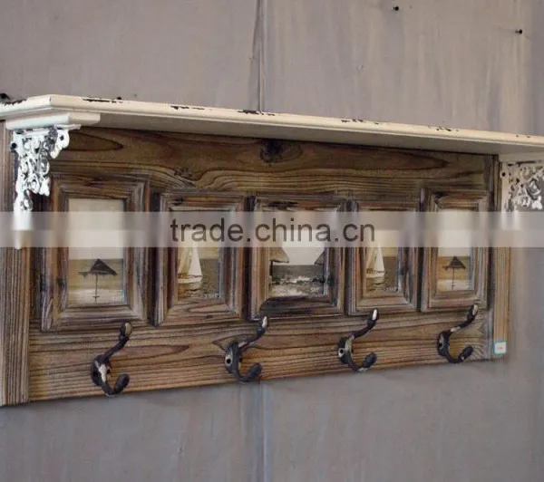 2016 Antique Wooden Wall Shelf With Photo Frame and Metal Hooks photo-5