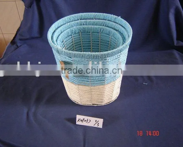 Round Blue and Light Yellow Paper Rope Woven Iron Frame Wastebin Baskets