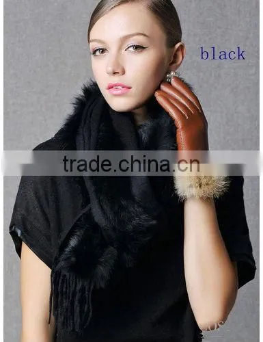 CX-B-P-21 Women Fashion Cashmere Pashmina Shawl With Fur Trim photo-6