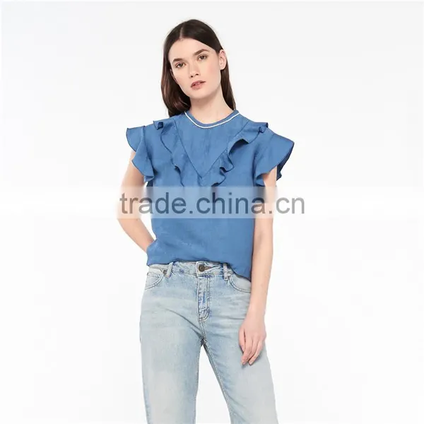 2017 OEM Slightly Ruffled Shoulders Beaded Neckline Blouse Tops photo-4
