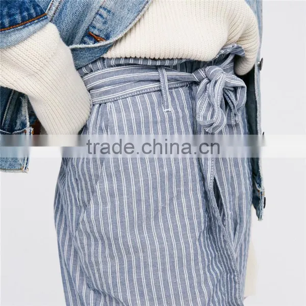 Ladies Navy Blue Jogger Pants Cotton-linen Wide Striped Trousers photo-4
